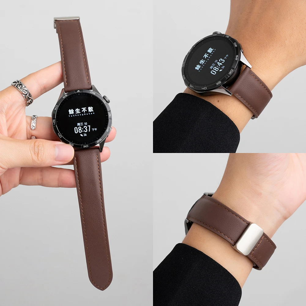 适用华为手表GT5/4/3表带watch5/4pro头层牛皮磁吸扣商务款真皮男