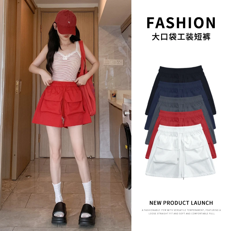 美式速干大口袋工装短裤女夏季新款高腰A字运动休闲显瘦阔腿短裤