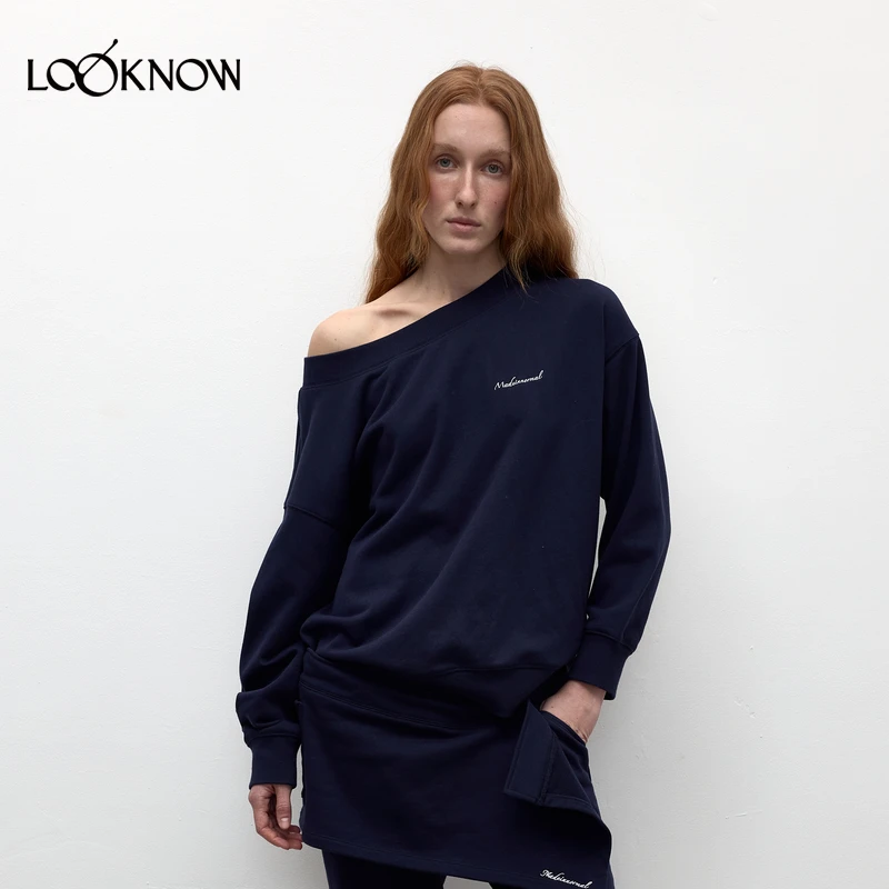 madeinnormal设计师品牌LOOKNOW25年春季新款藏蓝色露肩长袖卫衣
