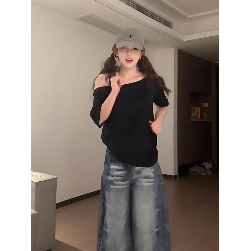 美式复古宽松慵懒风短袖t恤女夏季一字肩显瘦设计感小众