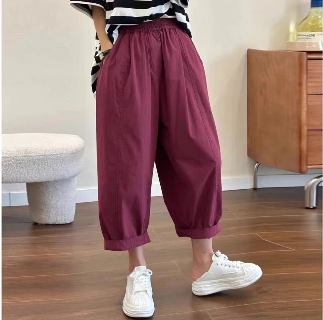 23028 复古糖果色松紧腰九分裤25新款休闲百搭时尚显瘦休闲裤