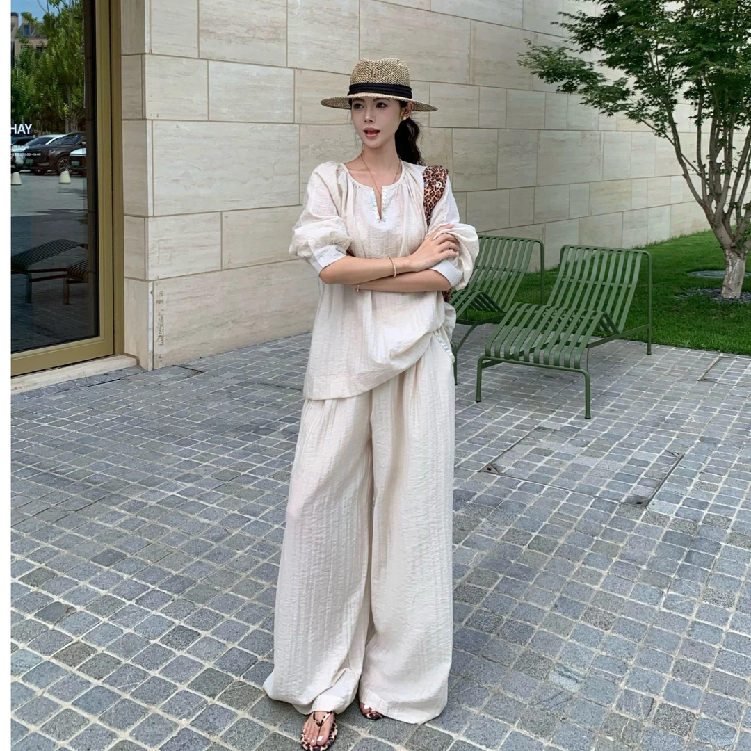 老钱风慵懒套装清新文艺手工缝扣v领宽松显瘦上衣高腰阔腿休闲裤