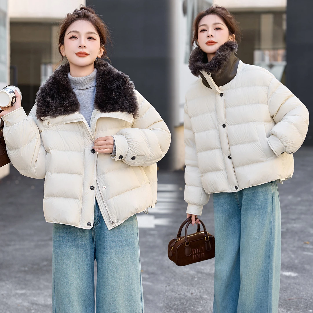 短款时尚女翻领针织白鸭绒羽绒服外套2025女装秋冬新款小个子显瘦