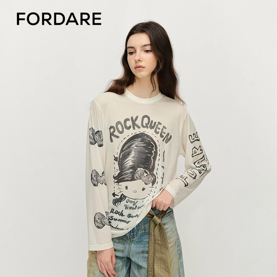 FORDARE福蝶 25春季新品 趣味手绘恶搞KITTY白色罩衫宽松涂鸦1302