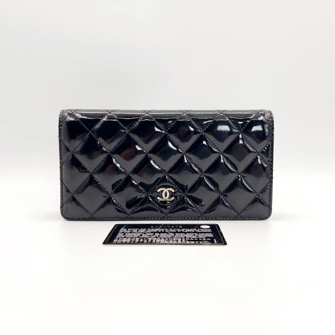 99新 Chanel/香奈儿 cf长款钱包 黑银漆皮 7378