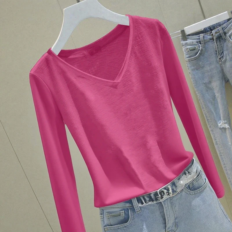 玫红色雪花棉长袖薄款T恤女2025早秋新款宽松显瘦上衣设计感体恤