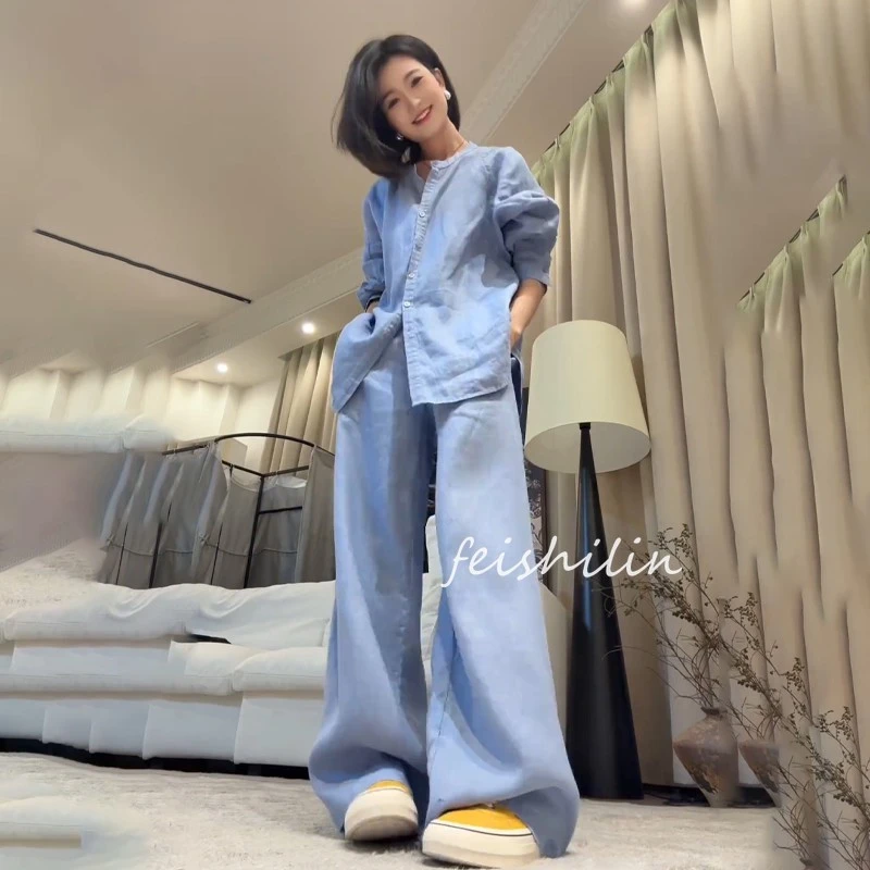 气质凉快显瘦亚麻慵懒套装女宽松休闲时尚百搭衬衫+阔腿裤两件套