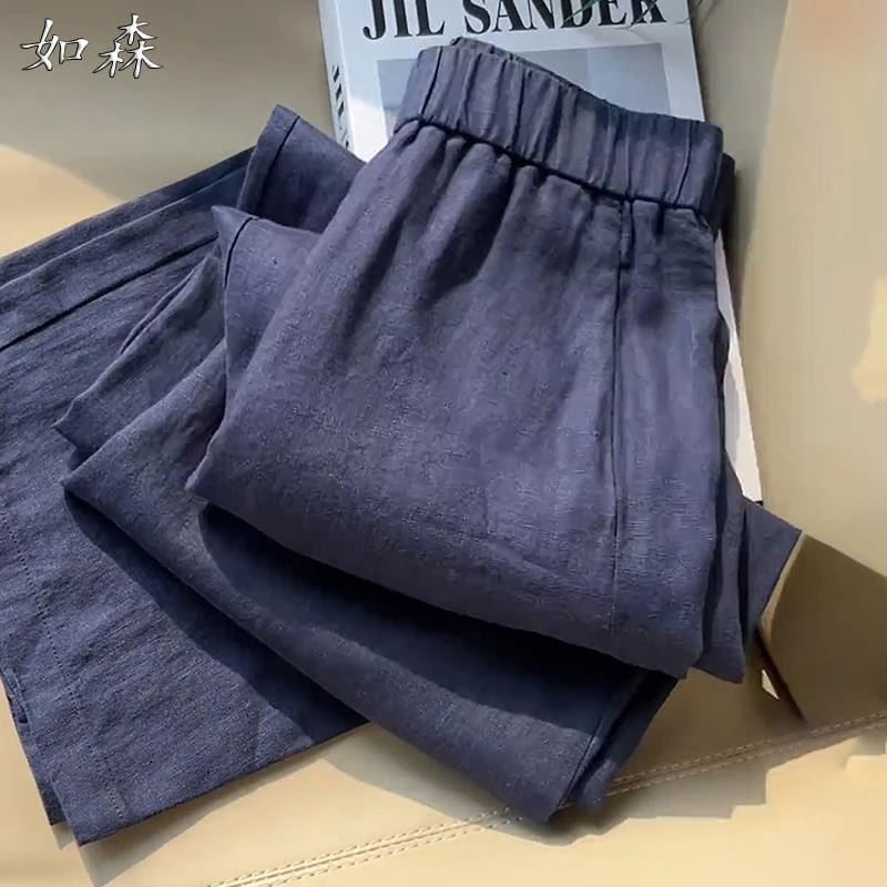 藏青色清冷亚麻休闲阔腿裤女夏季薄款胖MM大码宽松显瘦高腰直筒裤