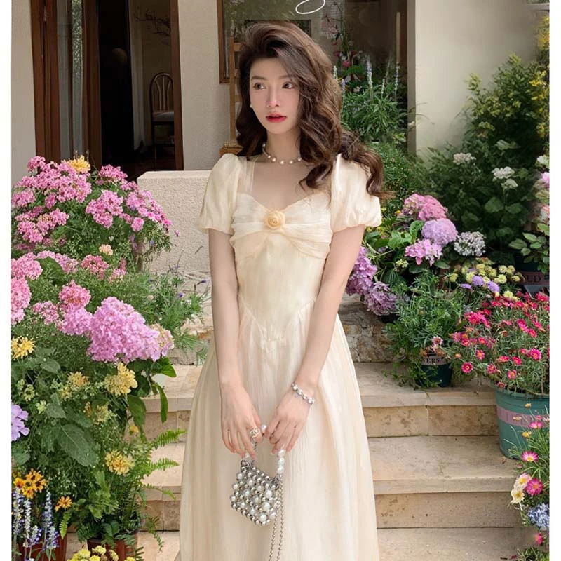 【有里布】法式短袖气质连衣裙女纯欲温柔风小个子漂亮长裙D2178