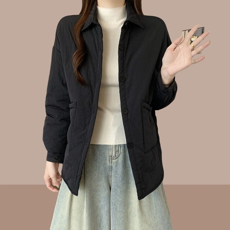 冬装时尚新款复古洋气港拼接大口袋薄棉衣棉服大码休闲保暖外套女