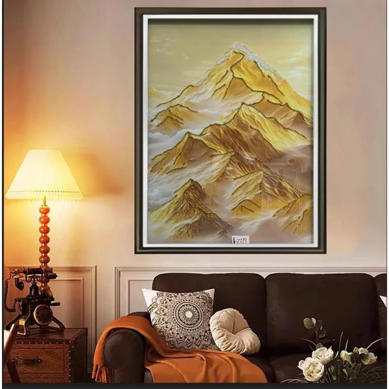 Q260日照金山时尚餐厅客厅轻奢挂画钢化玻璃装裱实物鎏金画装饰画