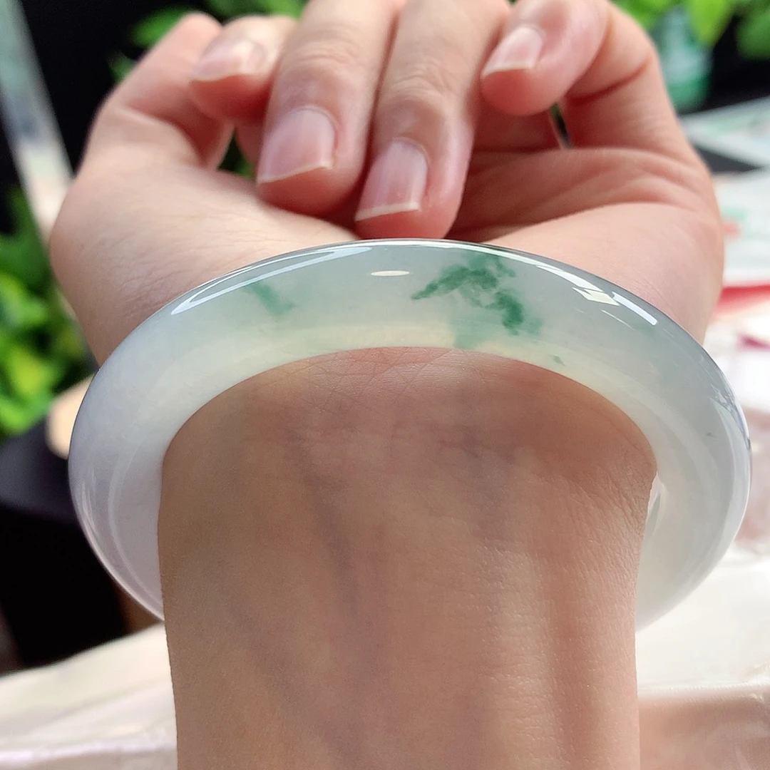 未镶嵌手镯翡翠55-56圈口冰种飘花冰冰透水汪汪15号