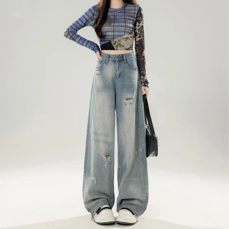 2025夏新款蓝色美式复古风破洞牛仔裤女高腰显瘦女百搭个性阔腿裤
