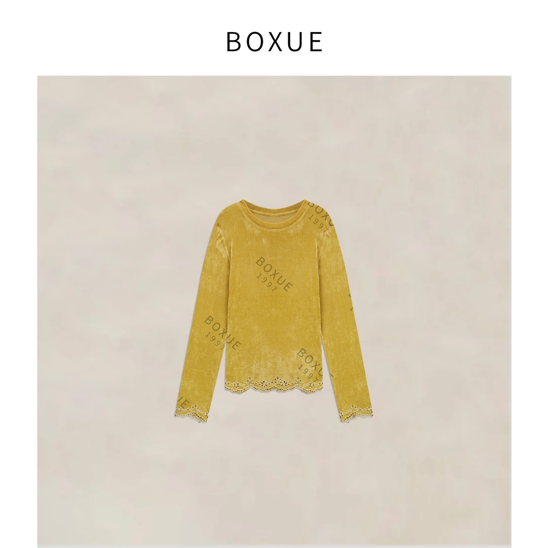 BOXUE “向晚” 2025秋季高级感手工烧花绒面轻奢 T恤#250819T3920