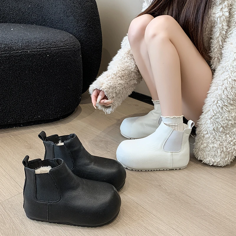 欧货卡皮巴拉复古大头勃肯鞋女加绒保暖棉鞋真皮厚底切尔西短靴潮