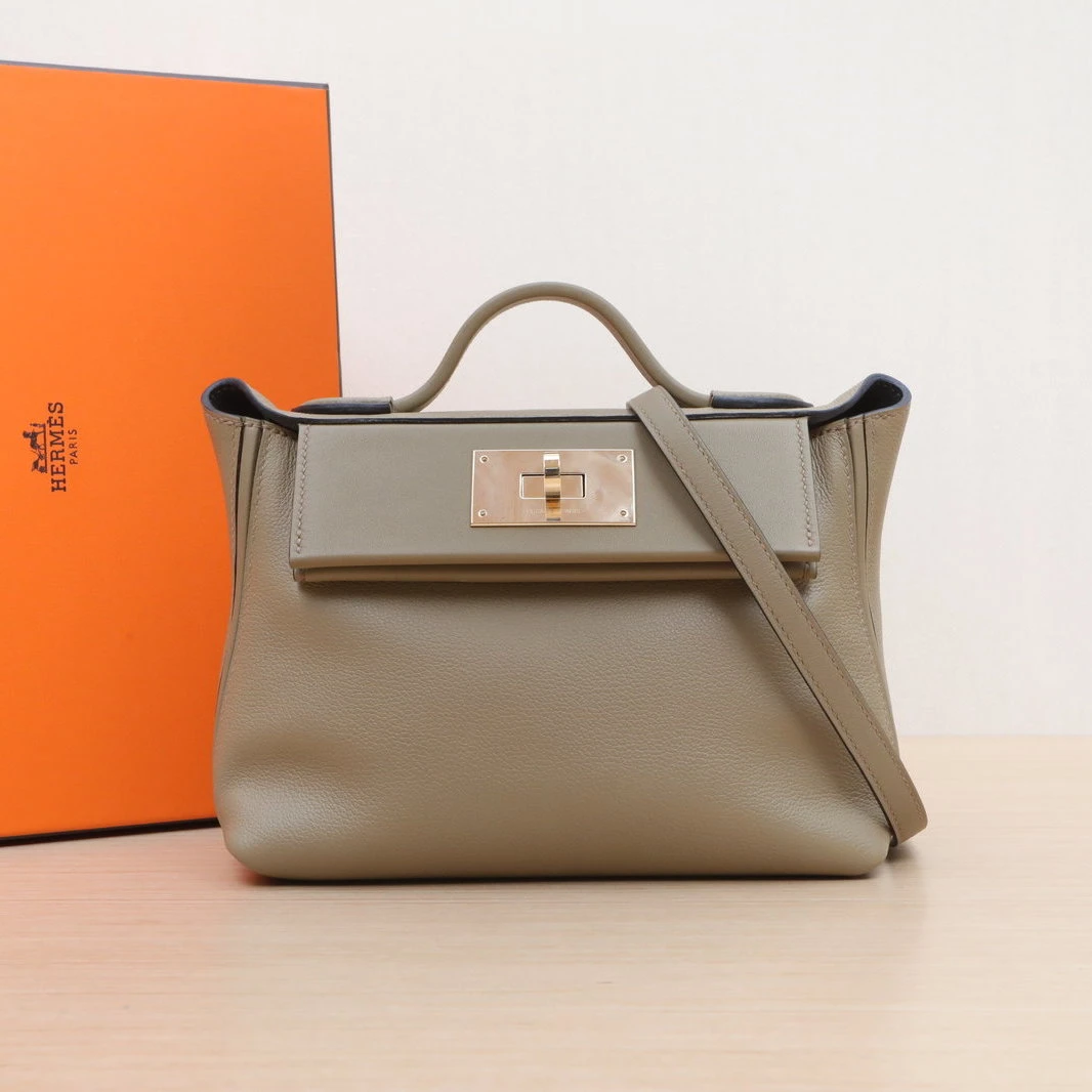 99新 Hermes/爱马仕 小花6珊 2424 Mini 21 米色拼朦胧灰EC皮W刻