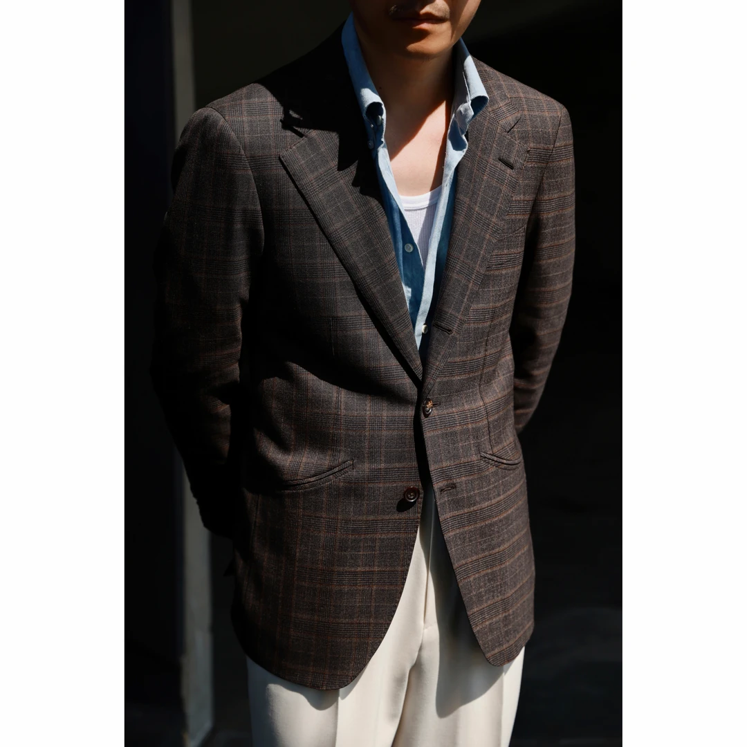 UGENTLE 高定半麻衬 全羊毛「榛木棕格纹」意式 单排3扣2绅士单西