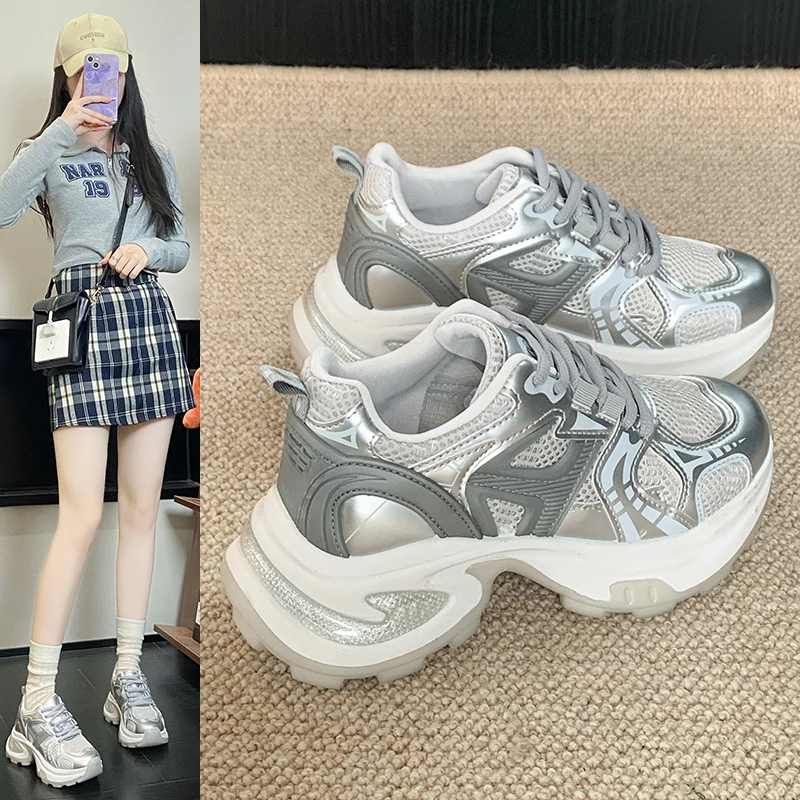 网红小个子老爹鞋女2025新款网面四季增高运动休闲爆款鞋时尚