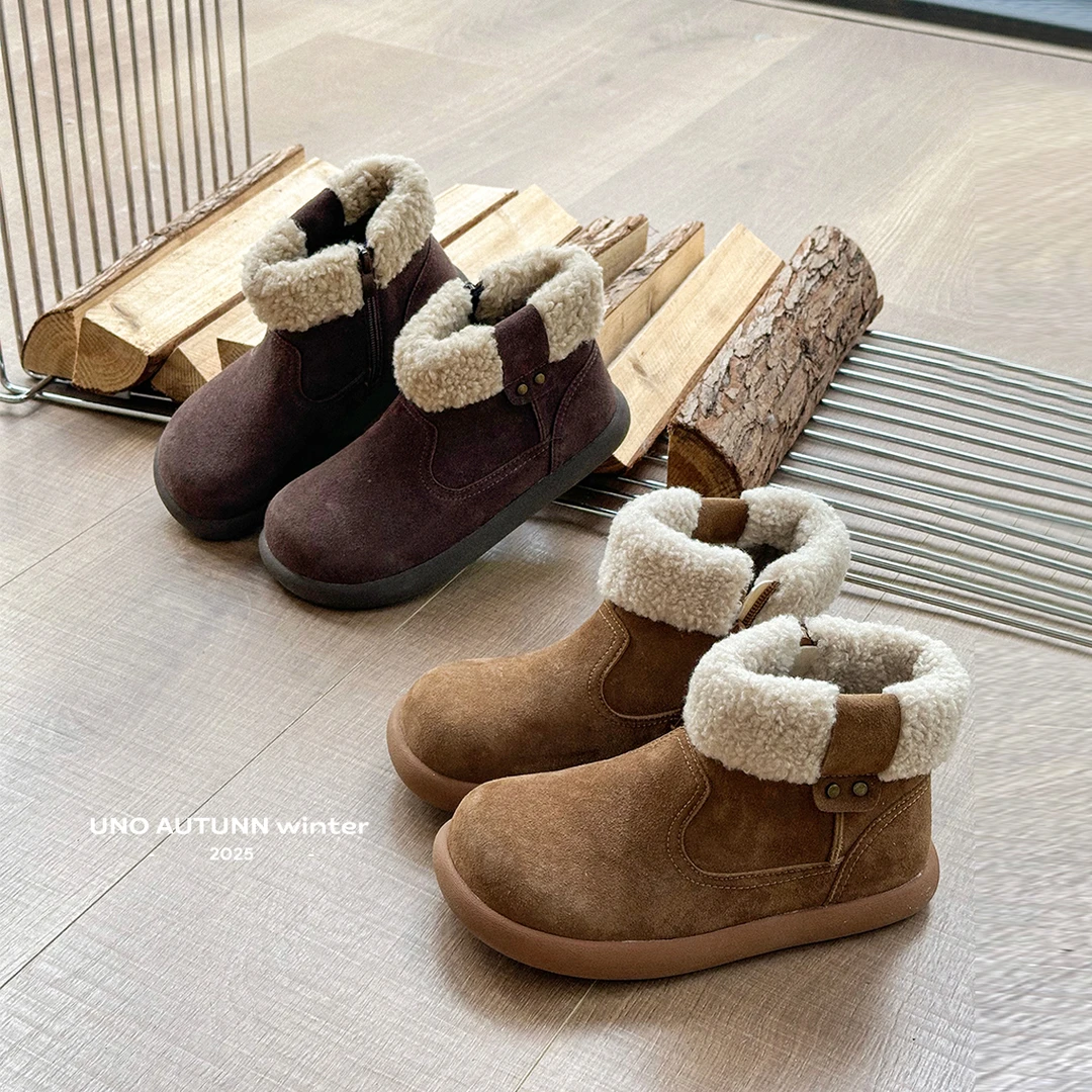 「UNO AUTUNNO」女中大童勃肯靴平底短靴毛毛鞋加绒保暖雪地靴17101