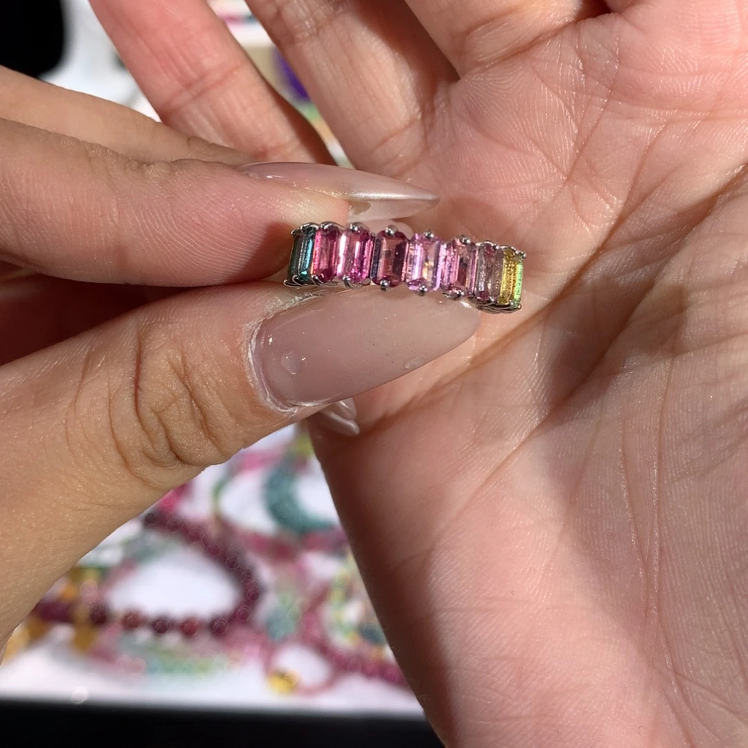 碧玺戒指银S925镶嵌13圈口