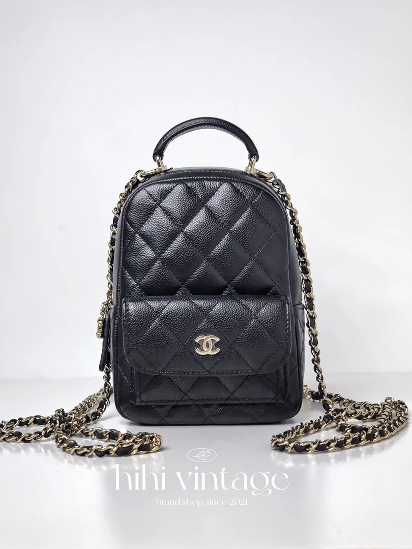 99新 Chanel/香奈儿  黑金荔枝纹可调节双肩小书包16425939