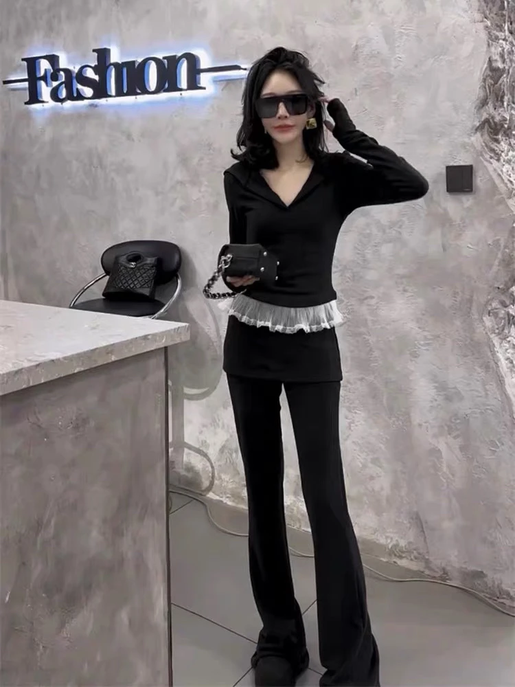韩系蕾丝拼接长袖连帽T恤女2025春秋新款高腰显瘦喇叭裤两件套装