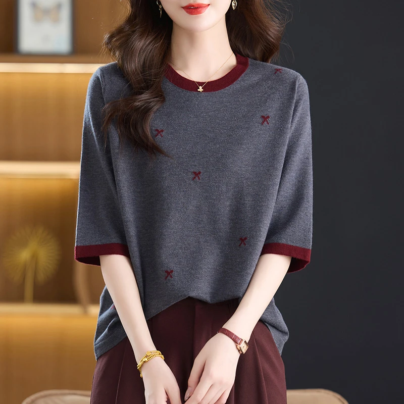 中年妈妈中袖t恤女2025早秋新款薄款针织衫宽松遮肚子五分袖上衣