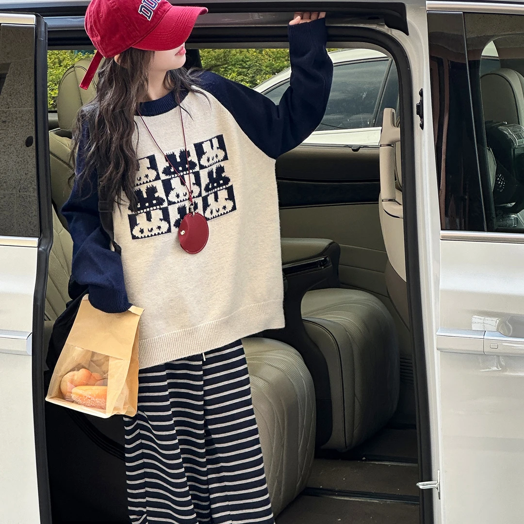 女童套装春秋款2025新款儿童洋气针织女孩秋装条纹裤休闲两件套潮