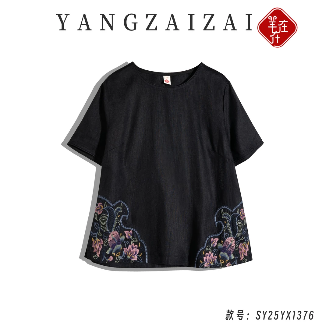 羊在在【花拂尾】民族风纯亚麻百搭新中式刺绣上衣T恤SY25YX1376