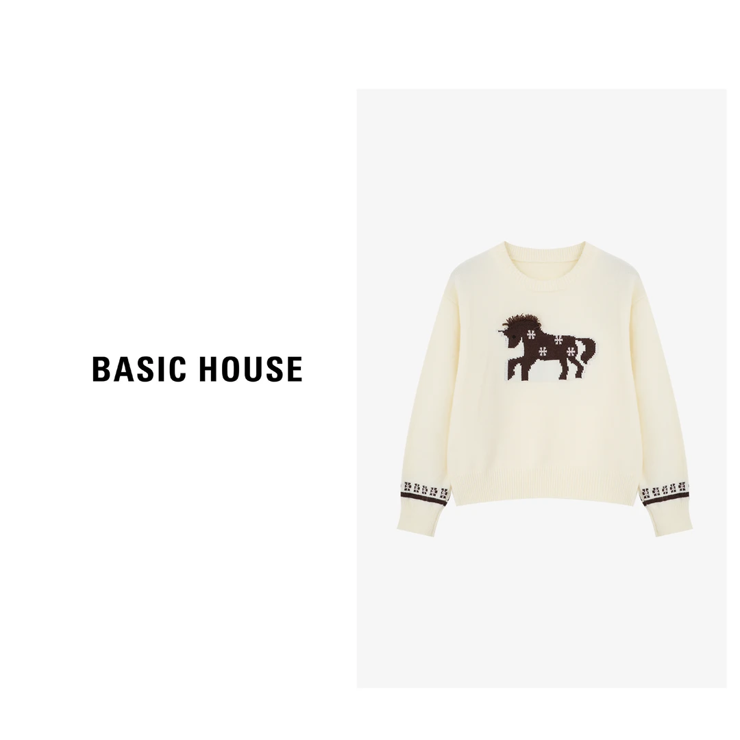 Basic House/百家好棕马提花点缀白色小花复古毛衣-B0625B5RWY2