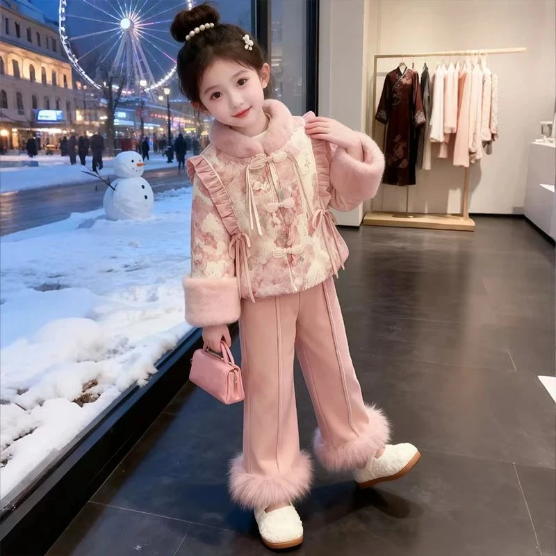 女童冬季加绒加厚保暖中式套装2025新款女孩洋气中国风唐装两件套