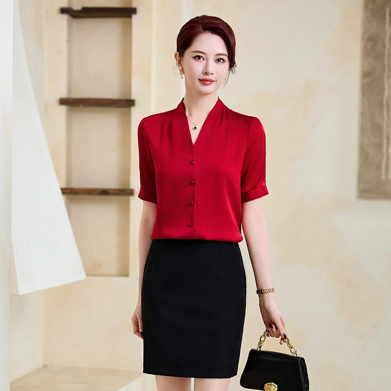 白色短袖V领缎面雪纺光泽感职业衬衫女前台上班OL衬衣工作服夏季