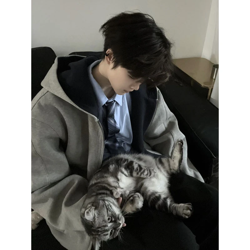 双拉链开衫卫衣男款秋冬高级感廓形美式高街重磅硬挺潮牌连帽外套