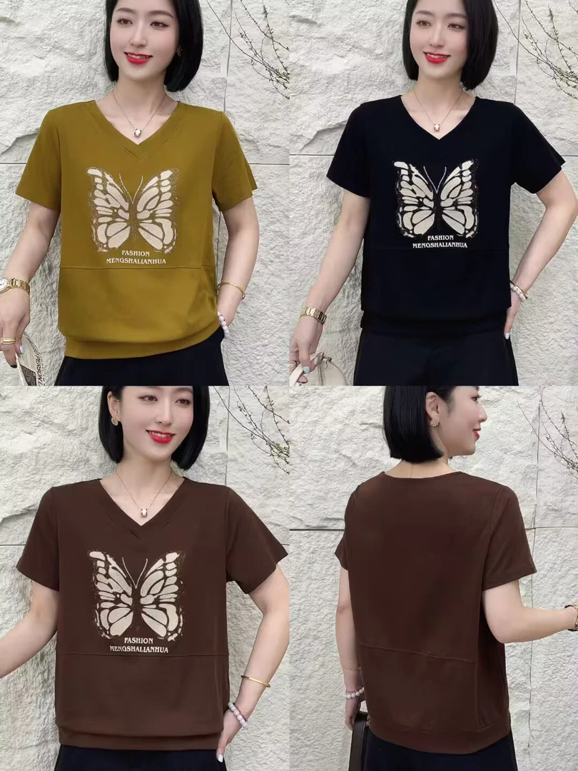 7050加肥v领蝴蝶钻宽松短袖