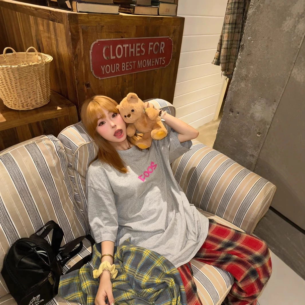 慵懒风ins百搭宽松短袖t恤女浅灰色2025夏季新款日韩休闲中长款