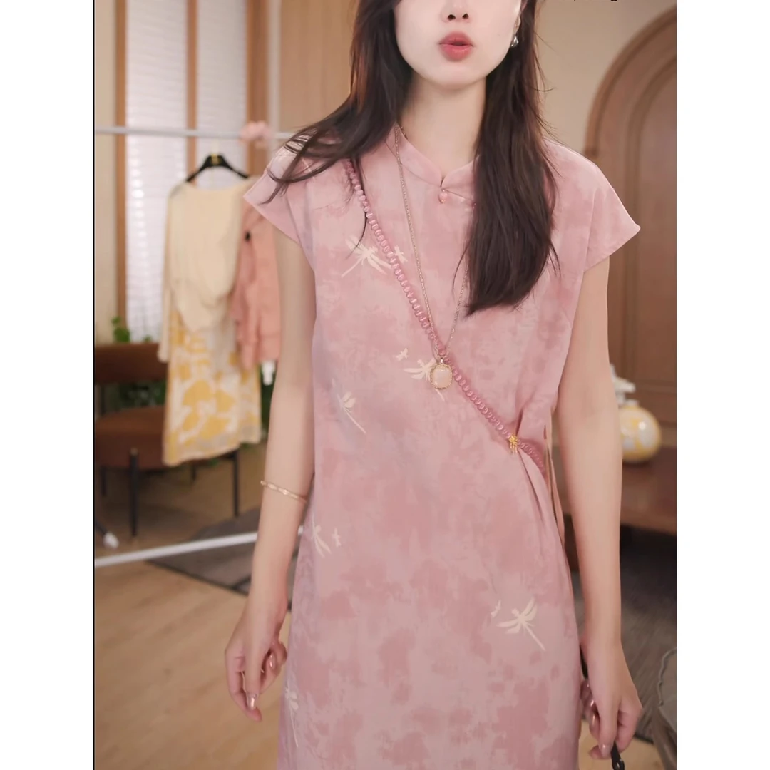 印花装饰时尚气质女人短袖中长裙女新中式优雅气质百搭外穿连衣裙