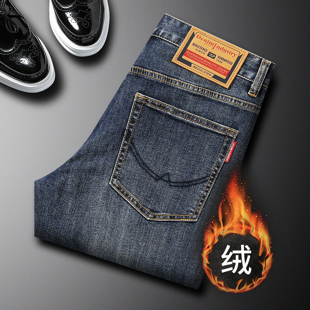高级感潮牌加绒加厚牛仔裤男秋冬修身小直筒长裤时尚休闲百搭长裤