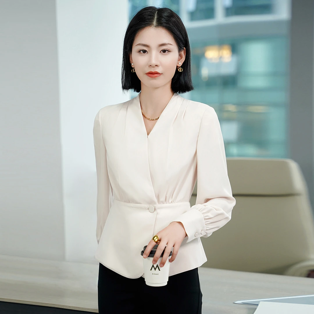 颜域简约通勤白衬衫女2025春季小衫百搭气质衬衣V领长袖上衣1391