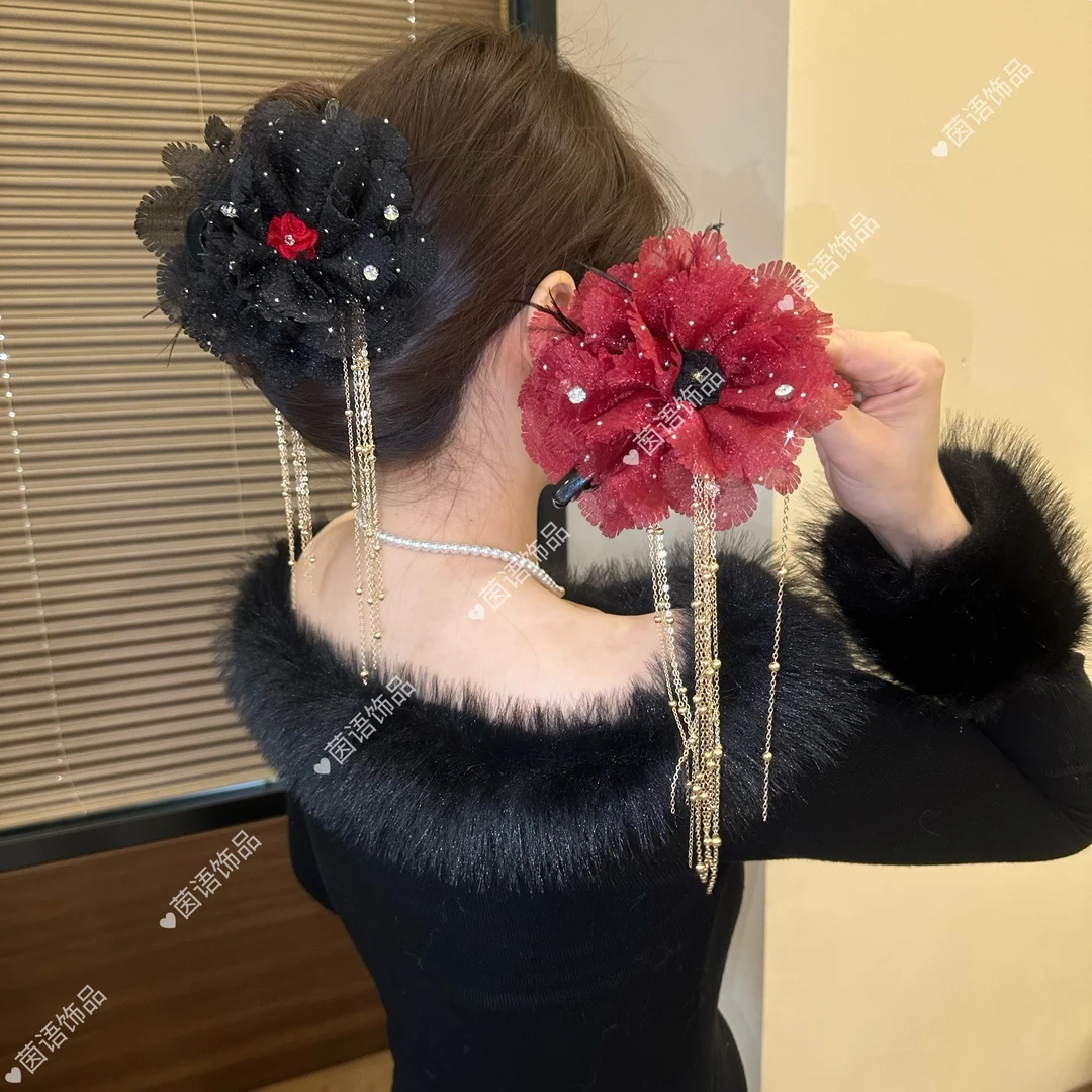 茵语雪花流苏冬季新款羽毛流苏抓夹显发量蓬松高颅顶鲨鱼夹发夹女