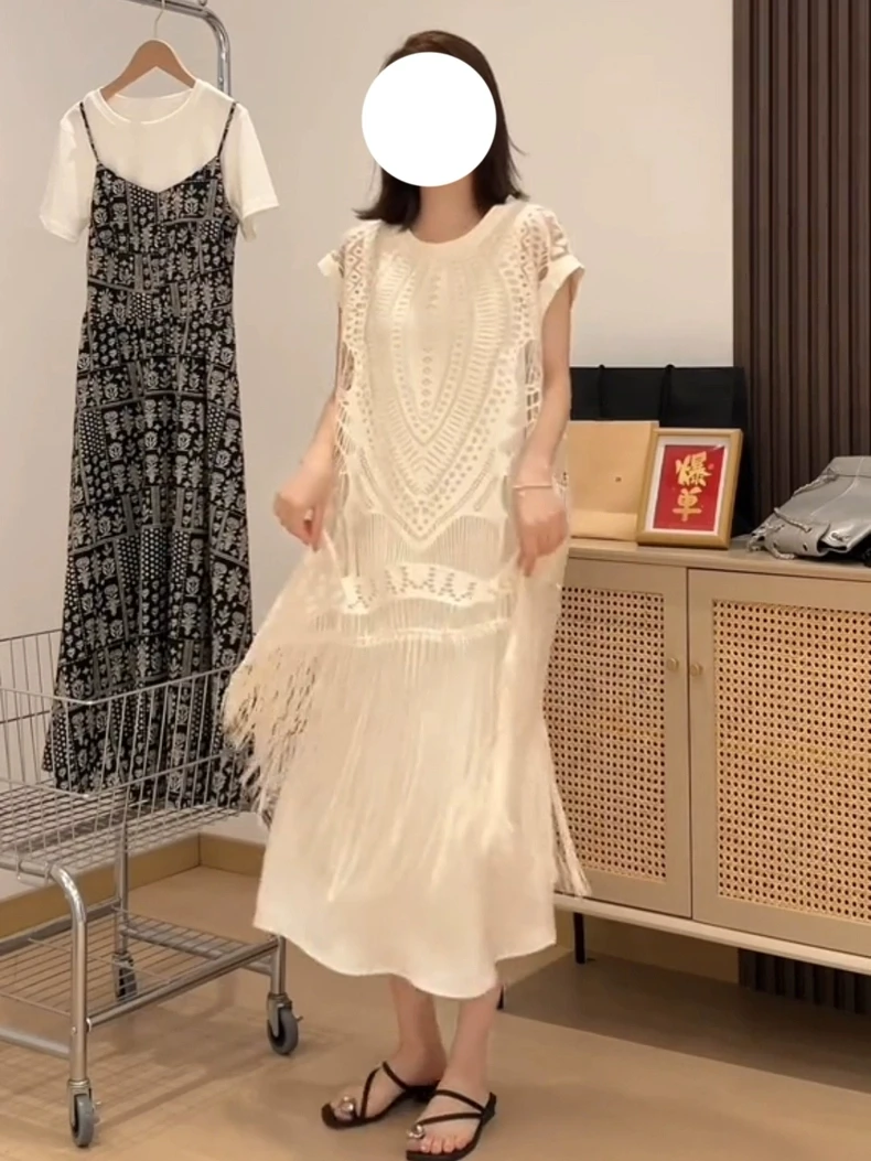 高级感气质夏季连衣裙减龄法式宽松慵懒风设计感假两件流苏长裙女