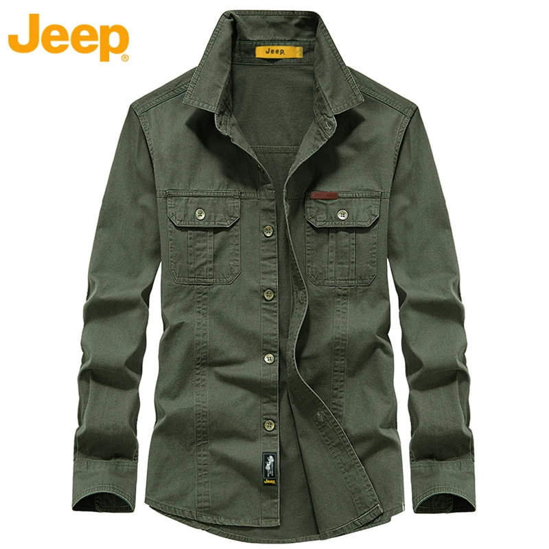 Jeep吉普纯棉长袖衬衫男春秋户外休闲军旅宽松耐磨牛津纺工装衬衣