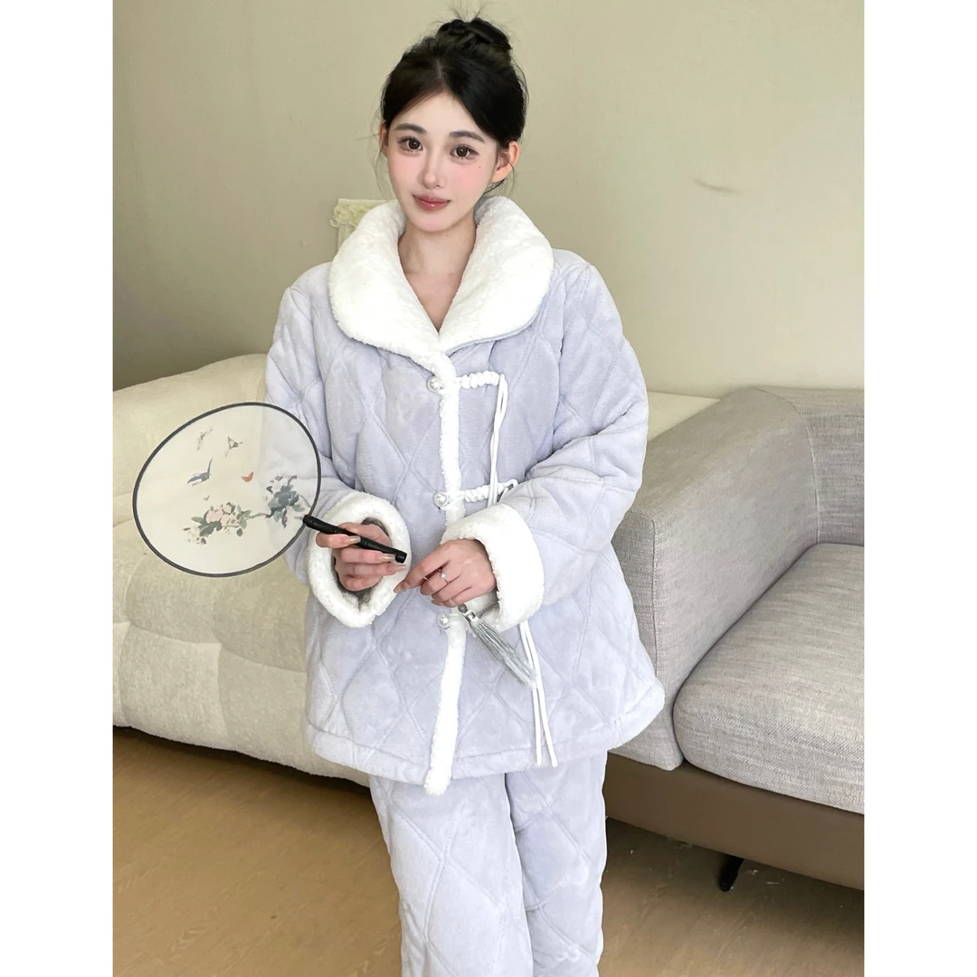 豆豆【紫琉璃】夹棉厚绒冬款家居服显白可外穿睡衣套装女保暖
