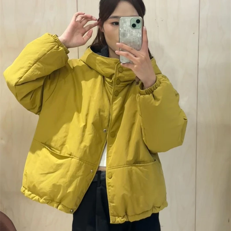黄色连帽棉服外套女2025欧货秋冬新款韩版宽松设计感减龄休闲上衣