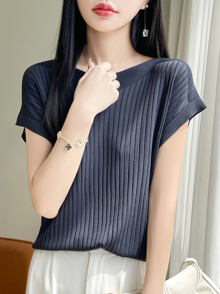 夏季必备曲珠冰丝一字肩落肩短袖，百搭显瘦