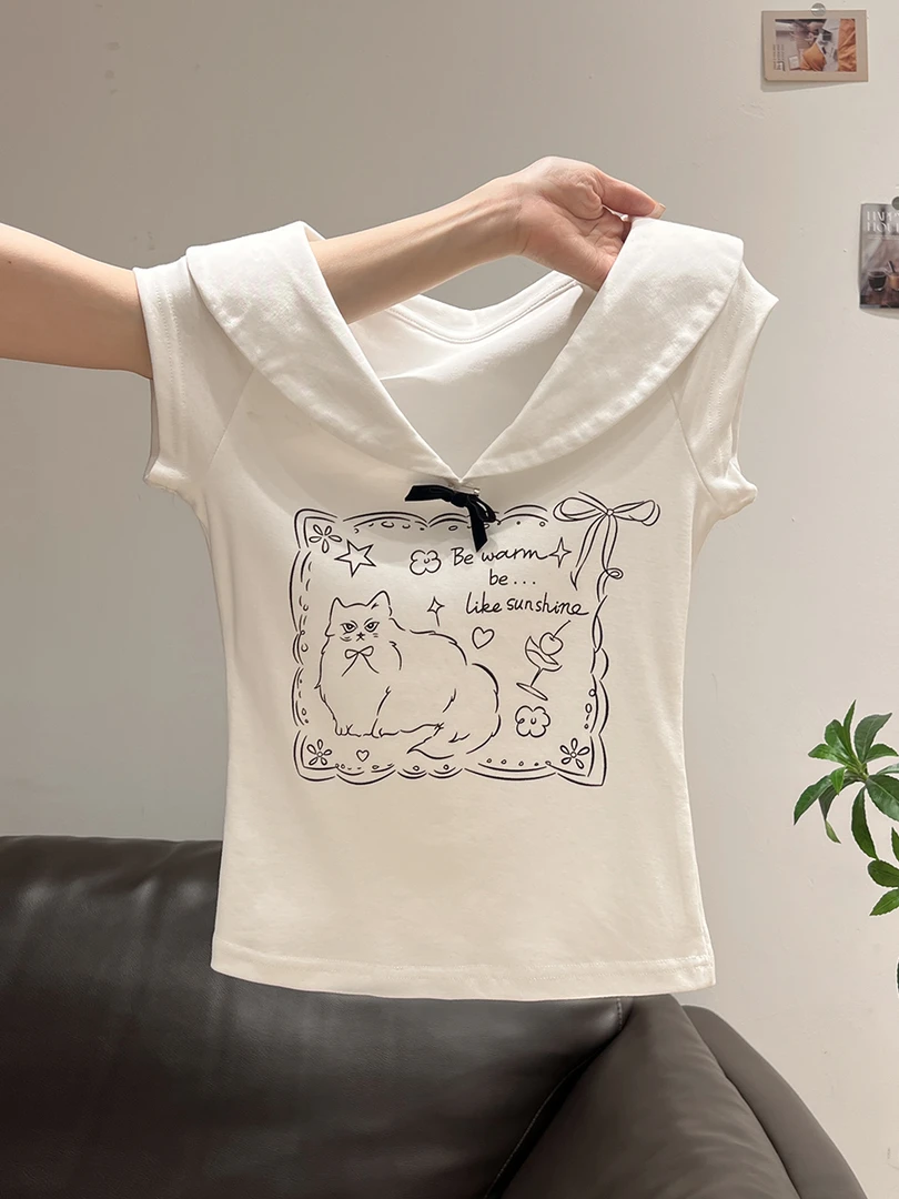 2025年夏季新款韩系白色可爱小猫正肩短袖T恤女蝴蝶结设计感上衣