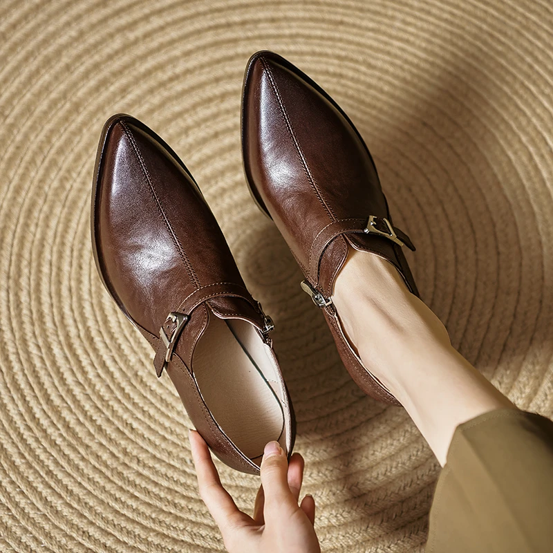 Koee【7cm】真皮复古皮带扣尖头气质高跟春秋单鞋女