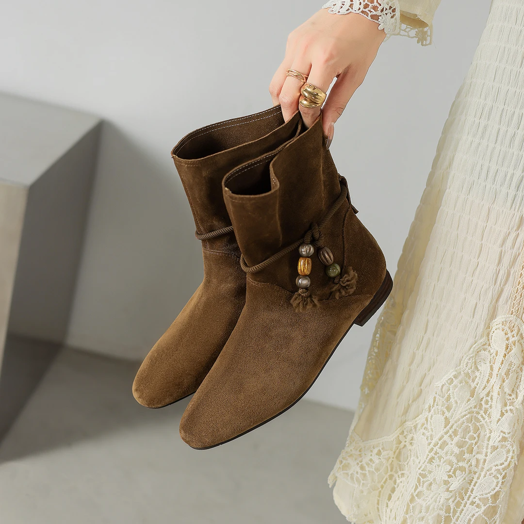 2025秋冬新款时尚中跟女靴女加绒休闲风短靴真皮平底靴子平跟复古