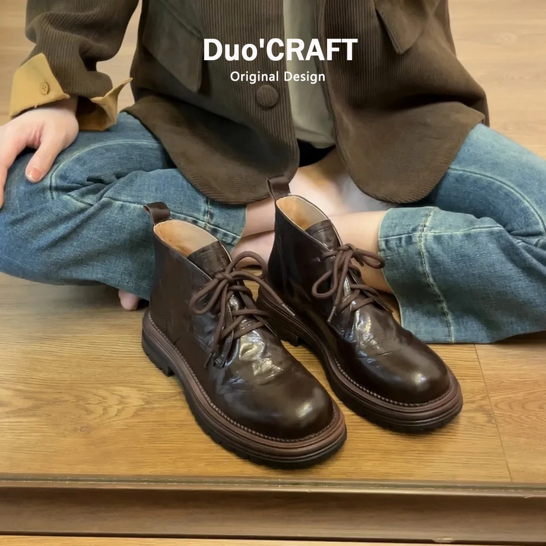 牛皮版~厚底马丁靴女秋冬2025年新款显瘦单靴女英伦风棕色短靴子