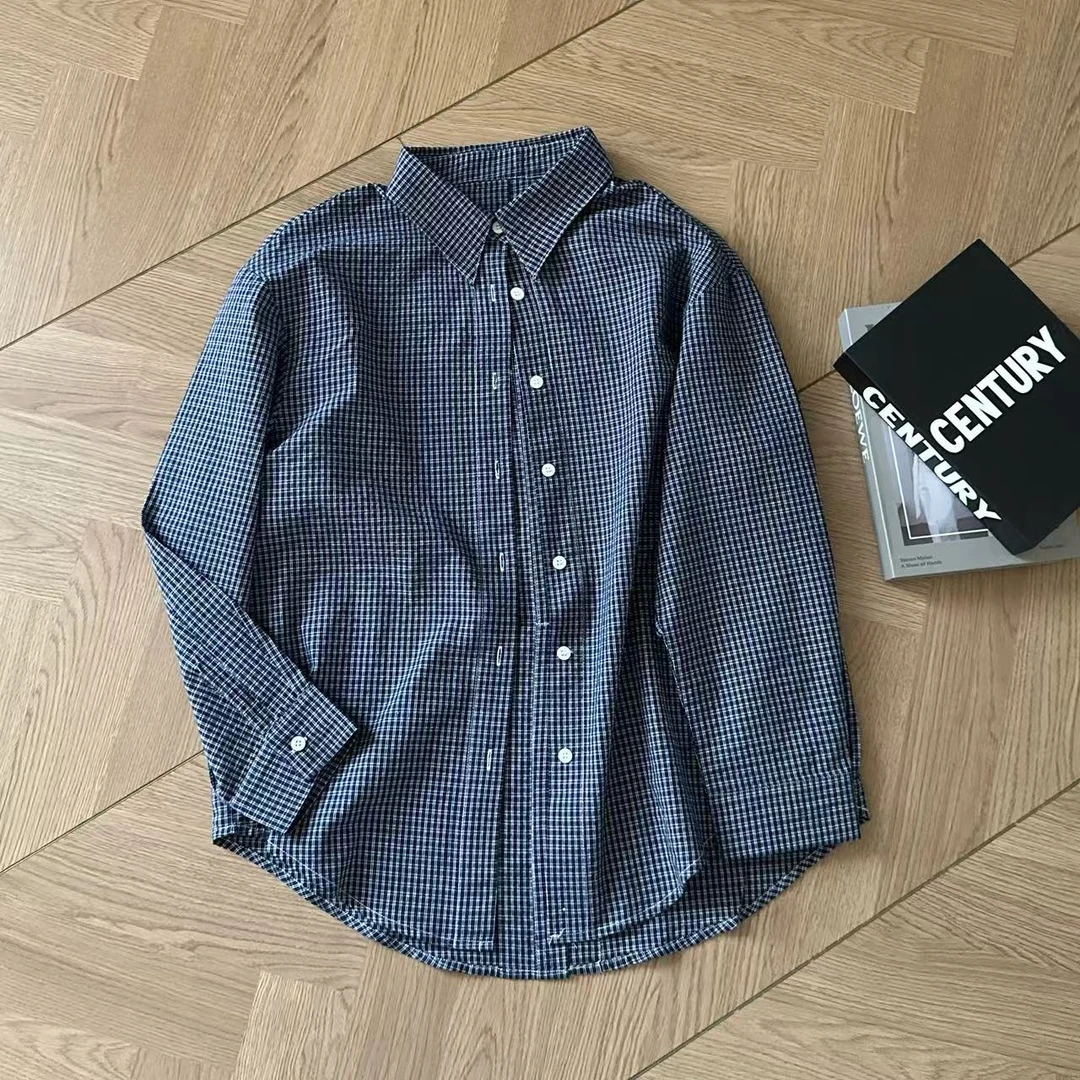 【米可家】后背双纽扣下开叉肌理感藏青格纹衬衫25198