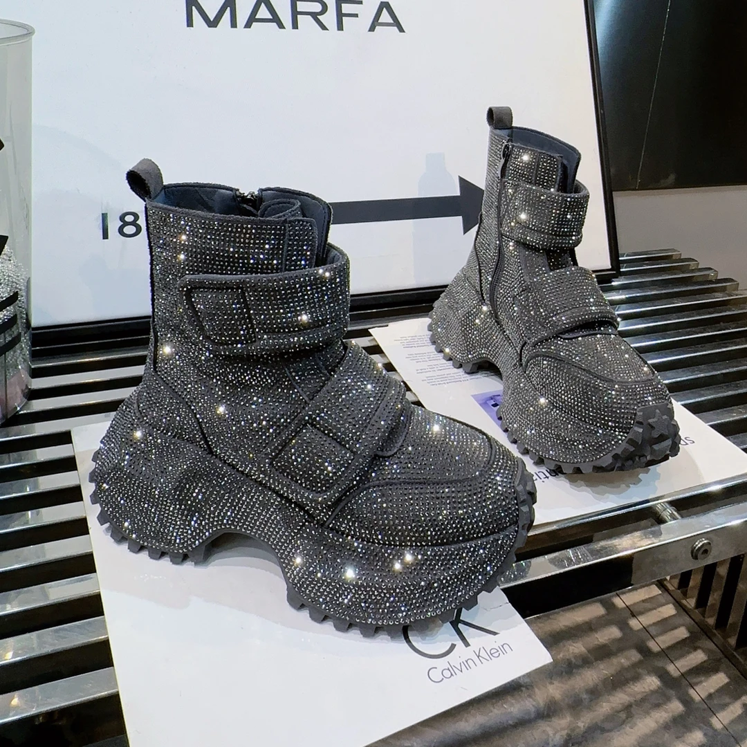 A.M艾墨儿女款高帮小众款质感水钻厚底增高魔术贴女款老爹鞋